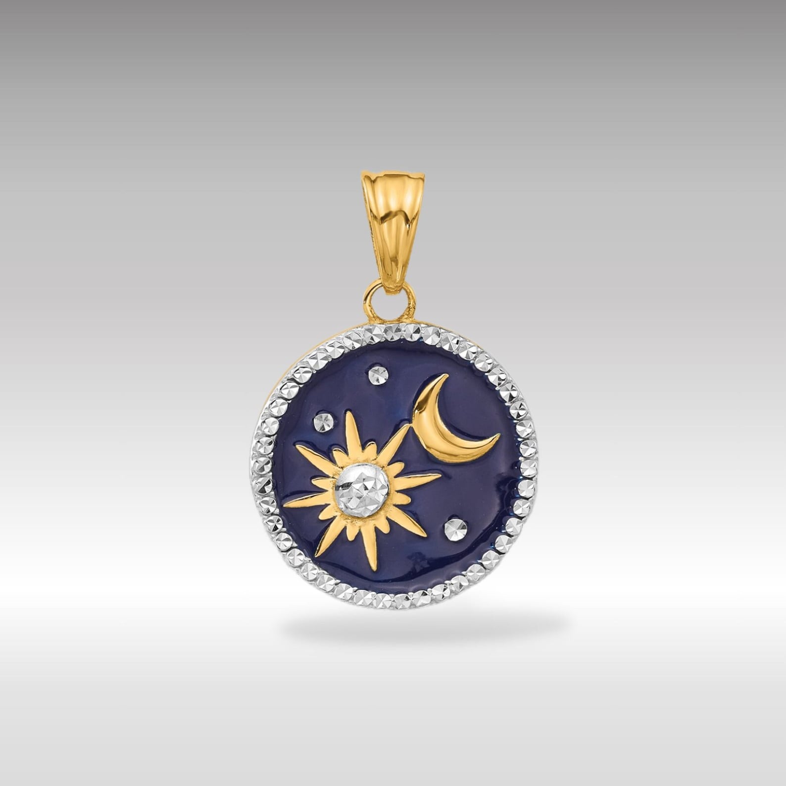 Gold Diamond-Cut Enameled Sun and Moon Pendant - Charlie & Co. Jewelry