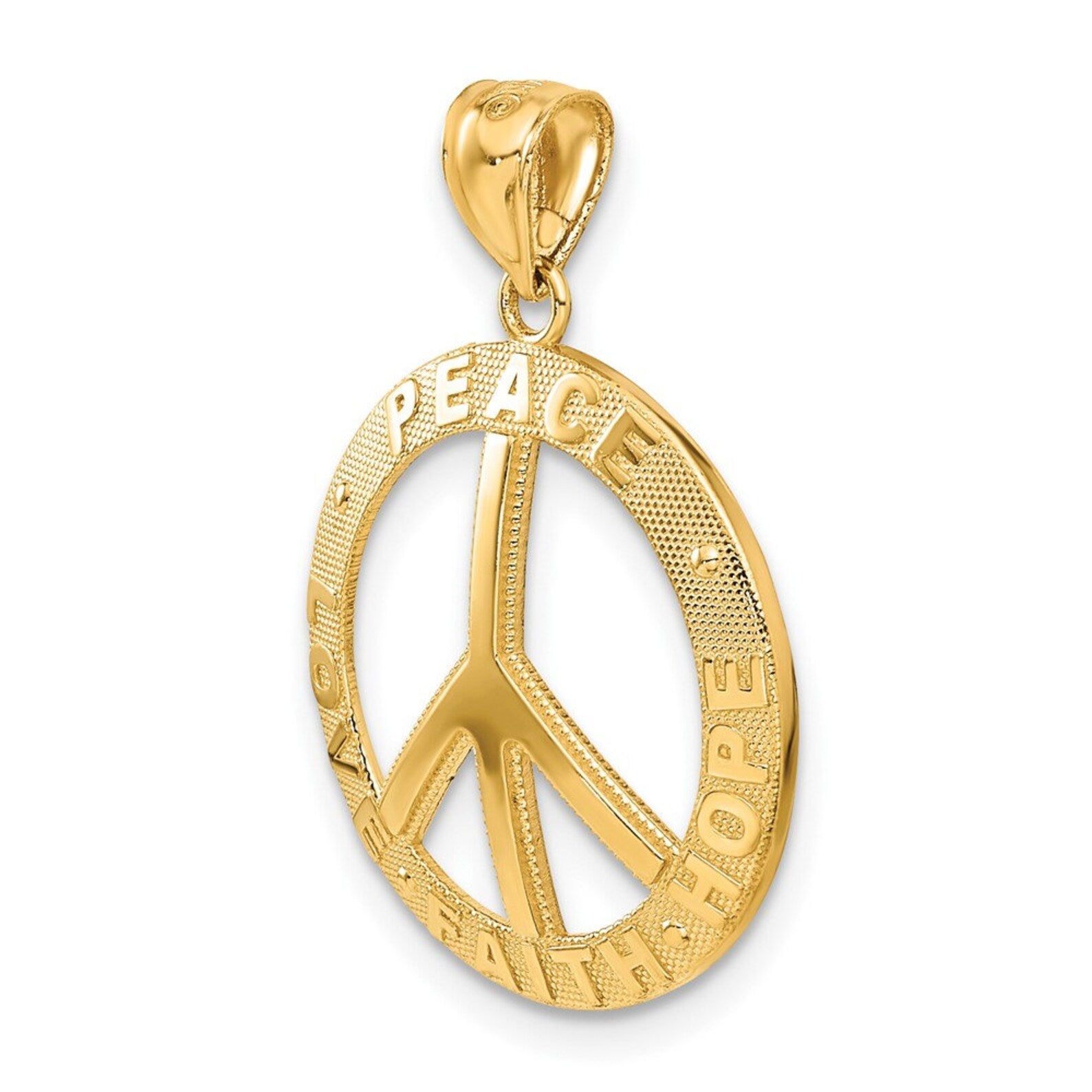 Gold 'Peace Love Faith Hope' Peace Sign Pendant Model-C4170 - Charlie & Co. Jewelry