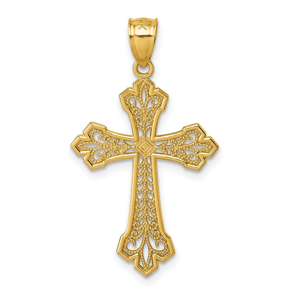 14k Polished Diamond-cut Fleur De Lis Filigree Textured Fancy Cross Pendant - Model K10089
