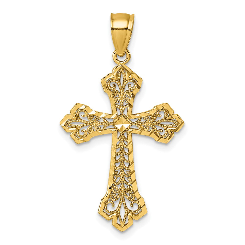 14k Polished Diamond-cut Fleur De Lis Filigree Textured Fancy Cross Pendant - Model K10089