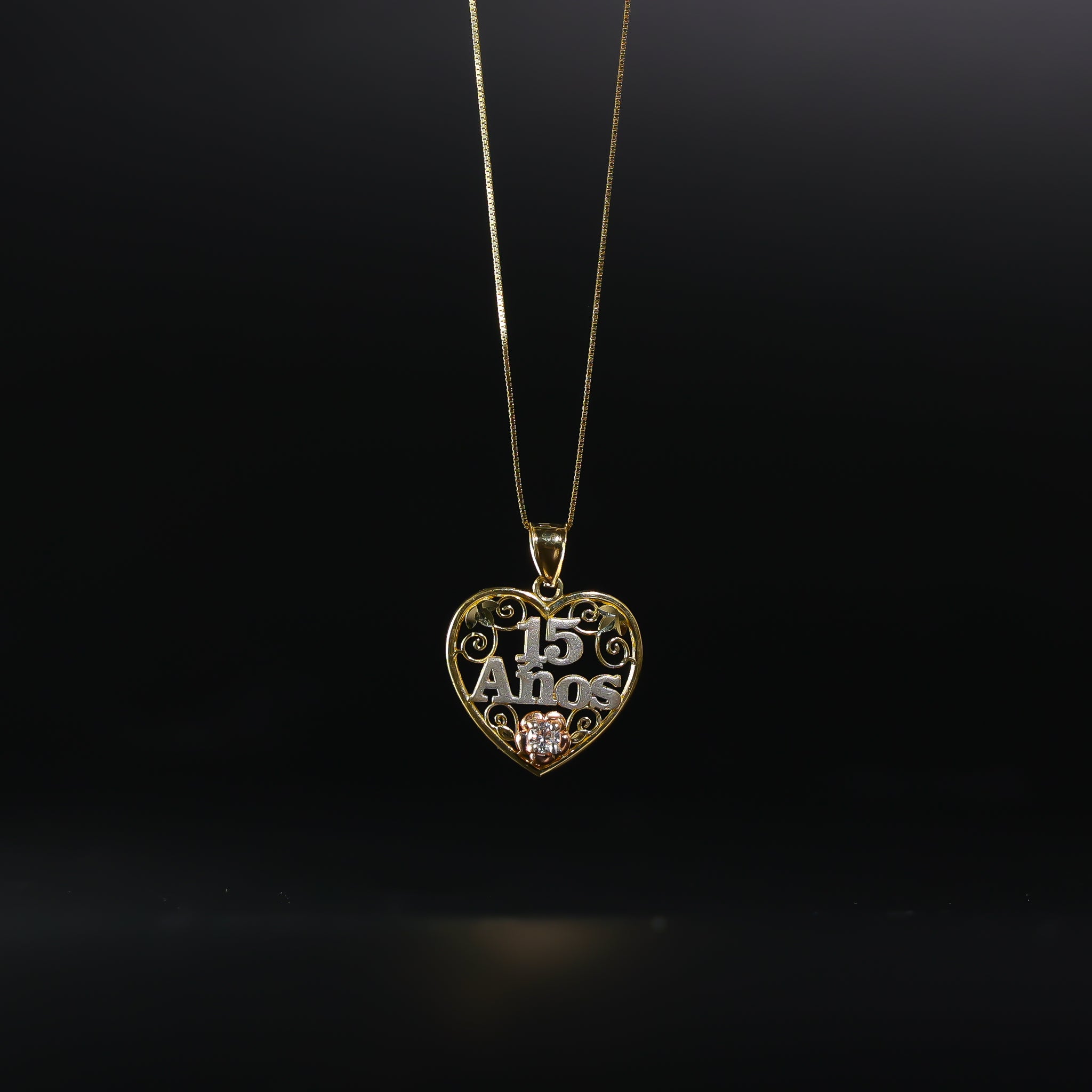 Charlie and Co Jewelry | Gold Sweet 15 Heart Pendant Three-Tones | 14K Gold 15 Years Pendant Pendant + 22” Box Chain