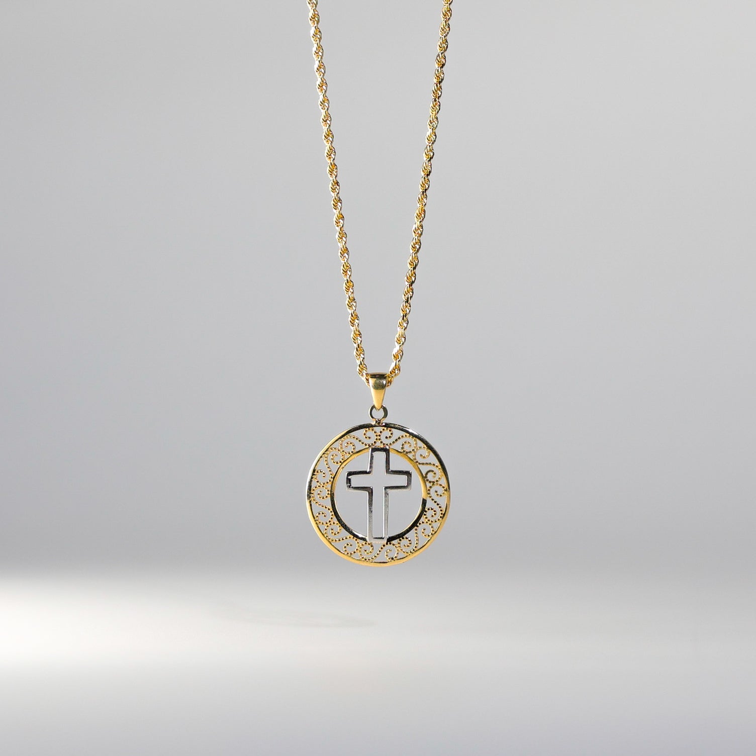 Gold 2 Tone Round Pendant with Cross Pendant Model-2230 - Charlie & Co. Jewelry