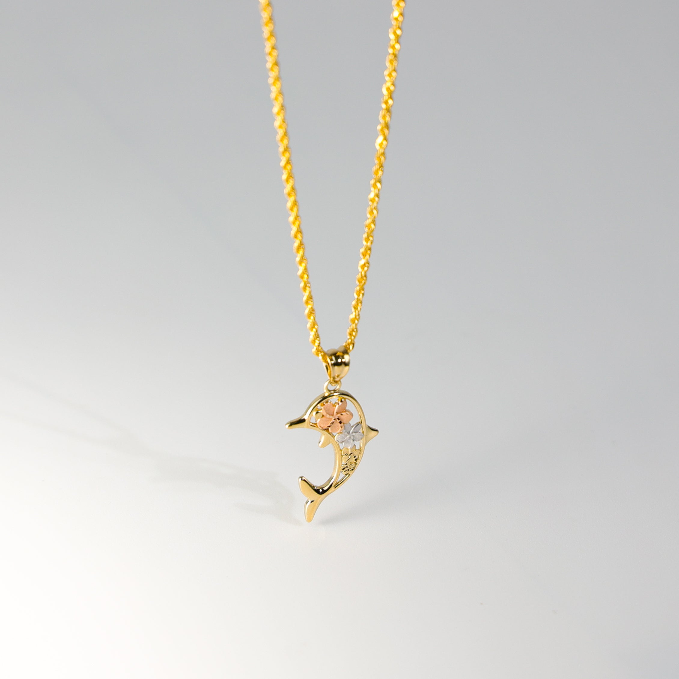 Gold Hawaiian flower & Dolphin Pendant Model-2549 - Charlie & Co. Jewelry