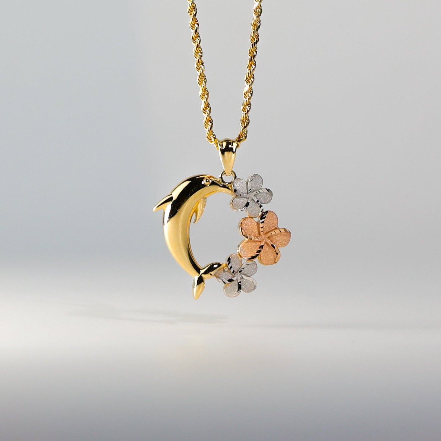 Gold Hawaiian Flower & Dolphin Pendant Model-2548 - Charlie & Co. Jewelry