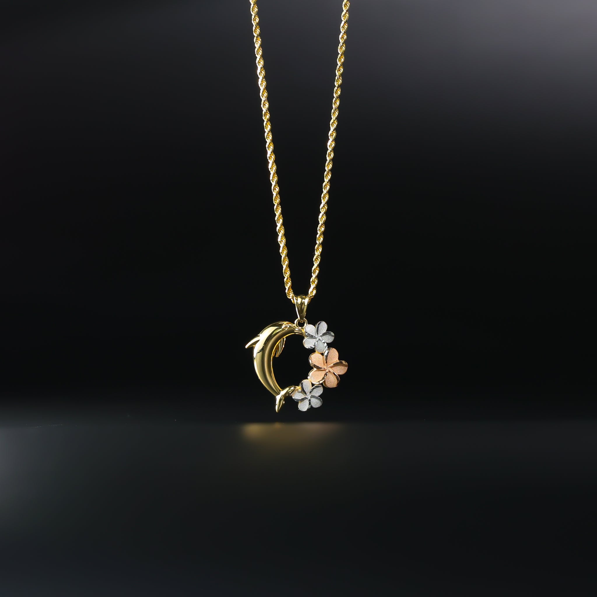 Gold Hawaiian Flower & Dolphin Pendant Model-2548 - Charlie & Co. Jewelry
