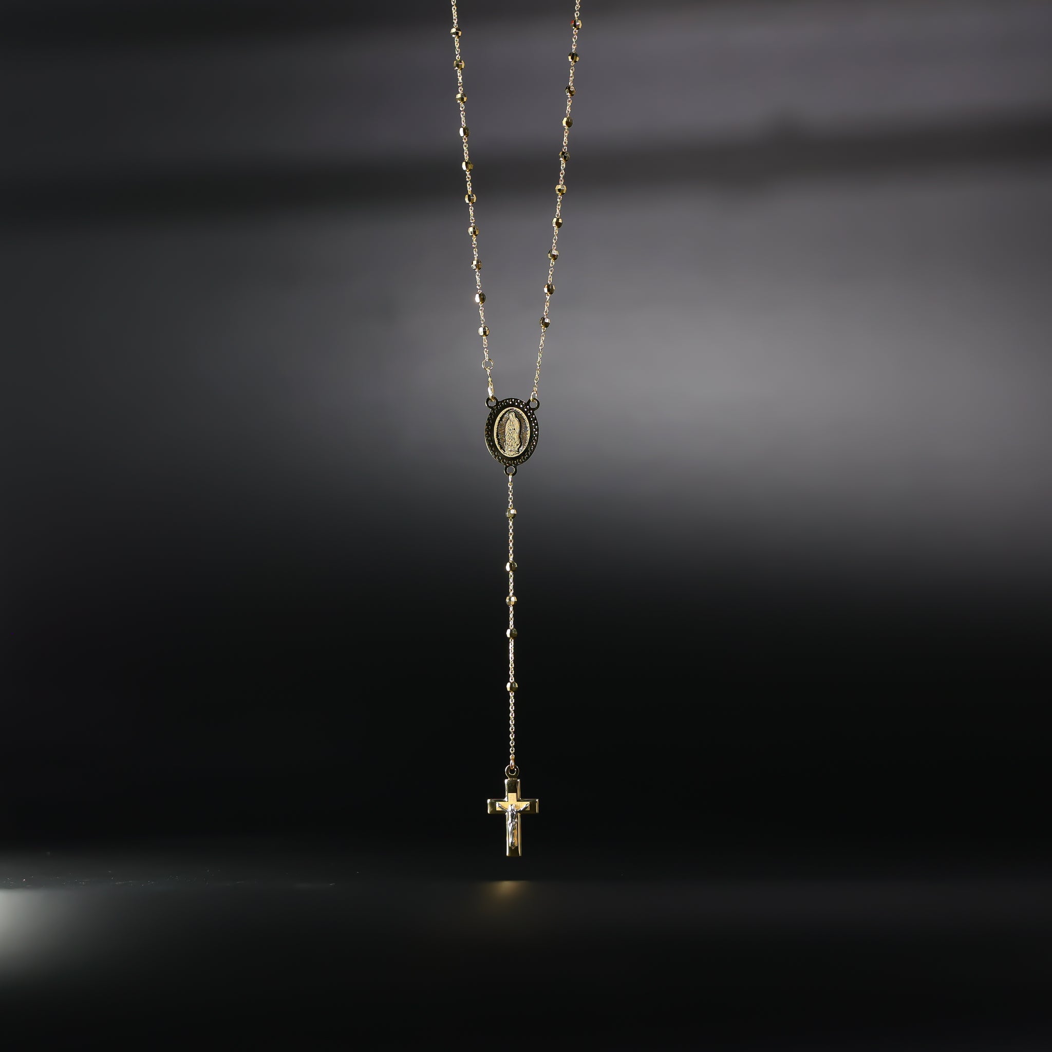 Gold 2.5MM Disco Ball Rosary Cross and Mother Mary Necklace Model-NK0236 - Charlie & Co. Jewelry