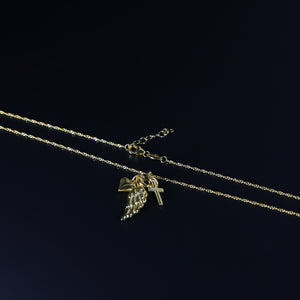 Gold Angel Wing Cross And Heart Necklace Model-NK0152 - Charlie & Co. Jewelry