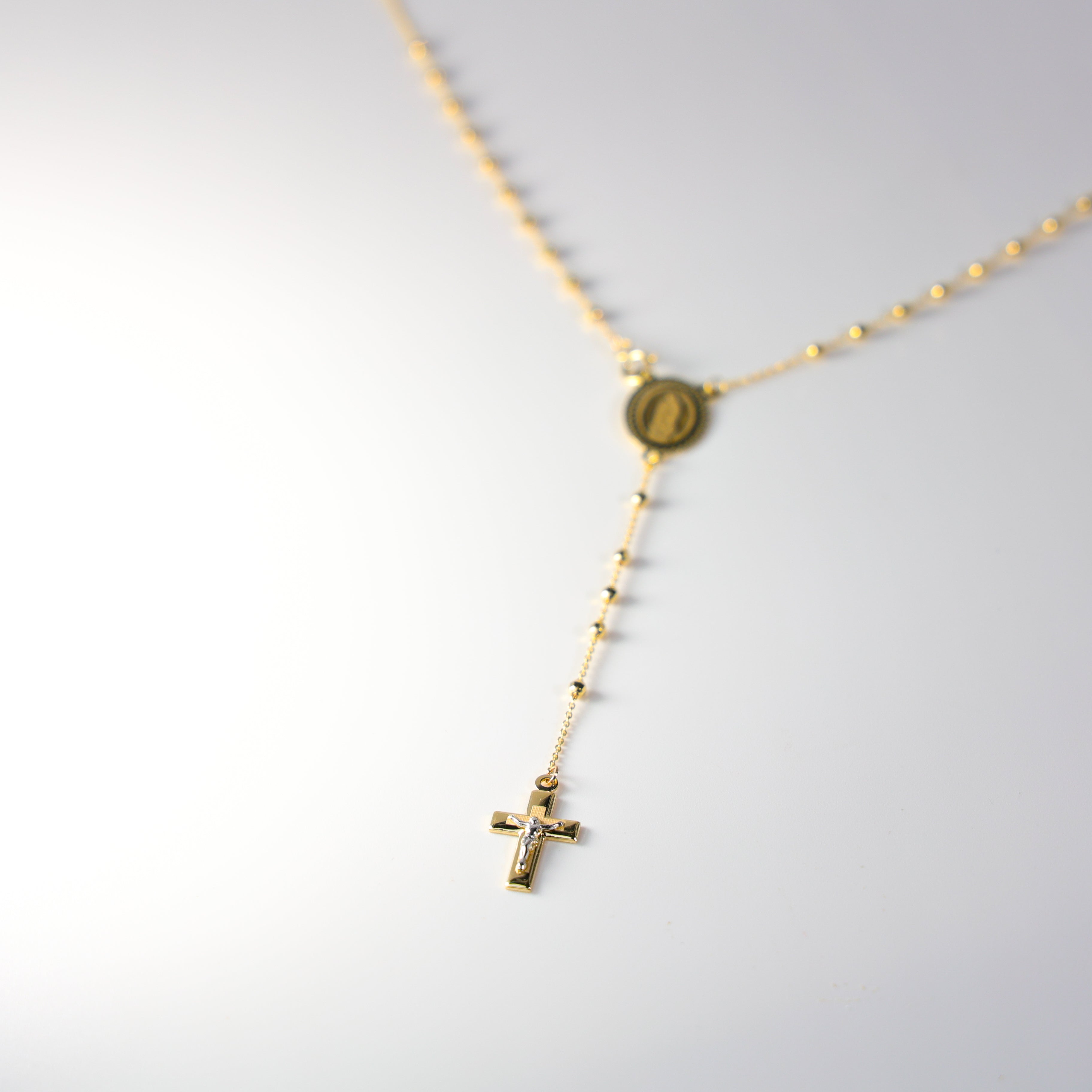 Gold 2.5MM Disco Ball Rosary Cross and Mother Mary Necklace Model-NK0236 - Charlie & Co. Jewelry
