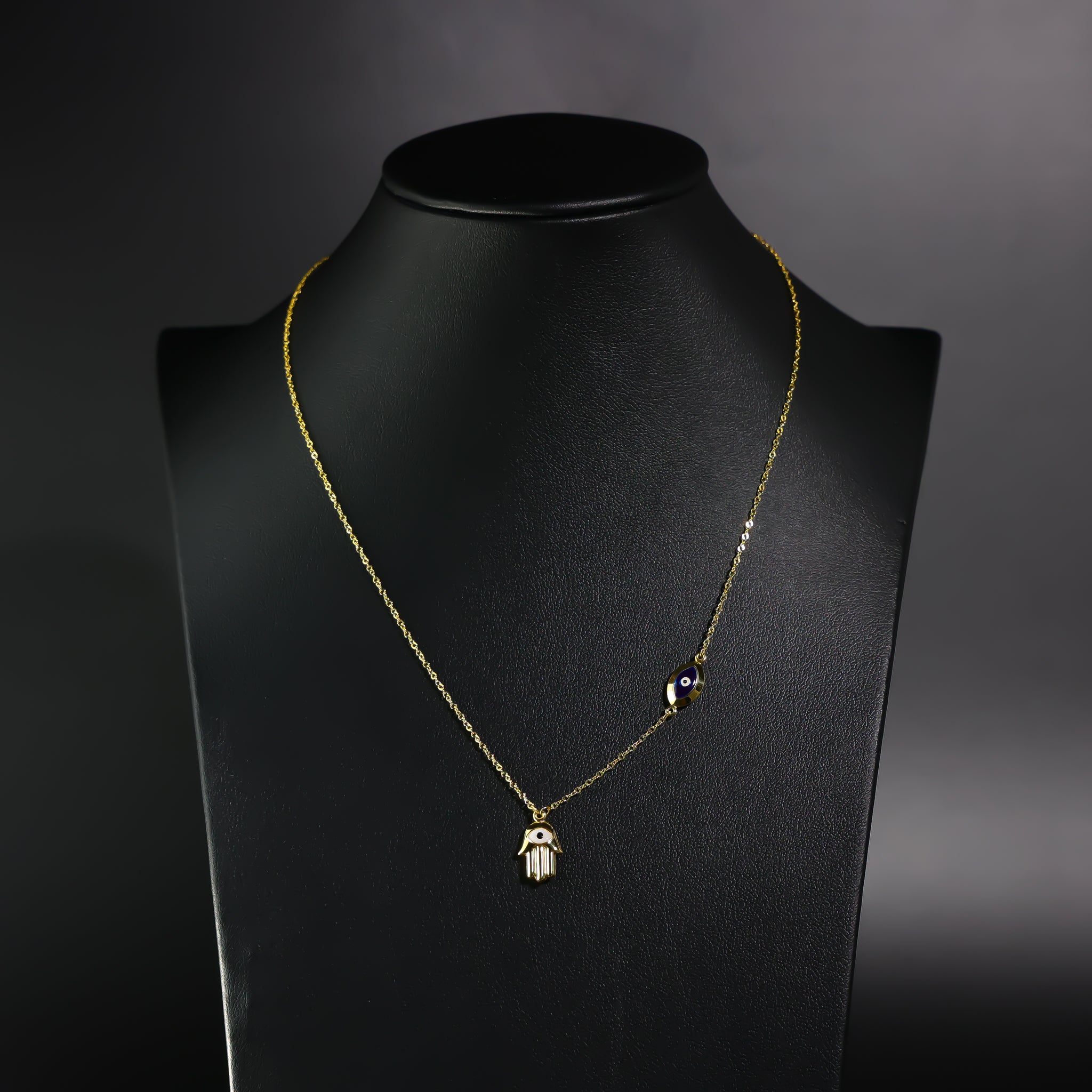 Gold Evil Eye Hamsa Charm Necklace Model-NK0153 - Charlie & Co. Jewelry