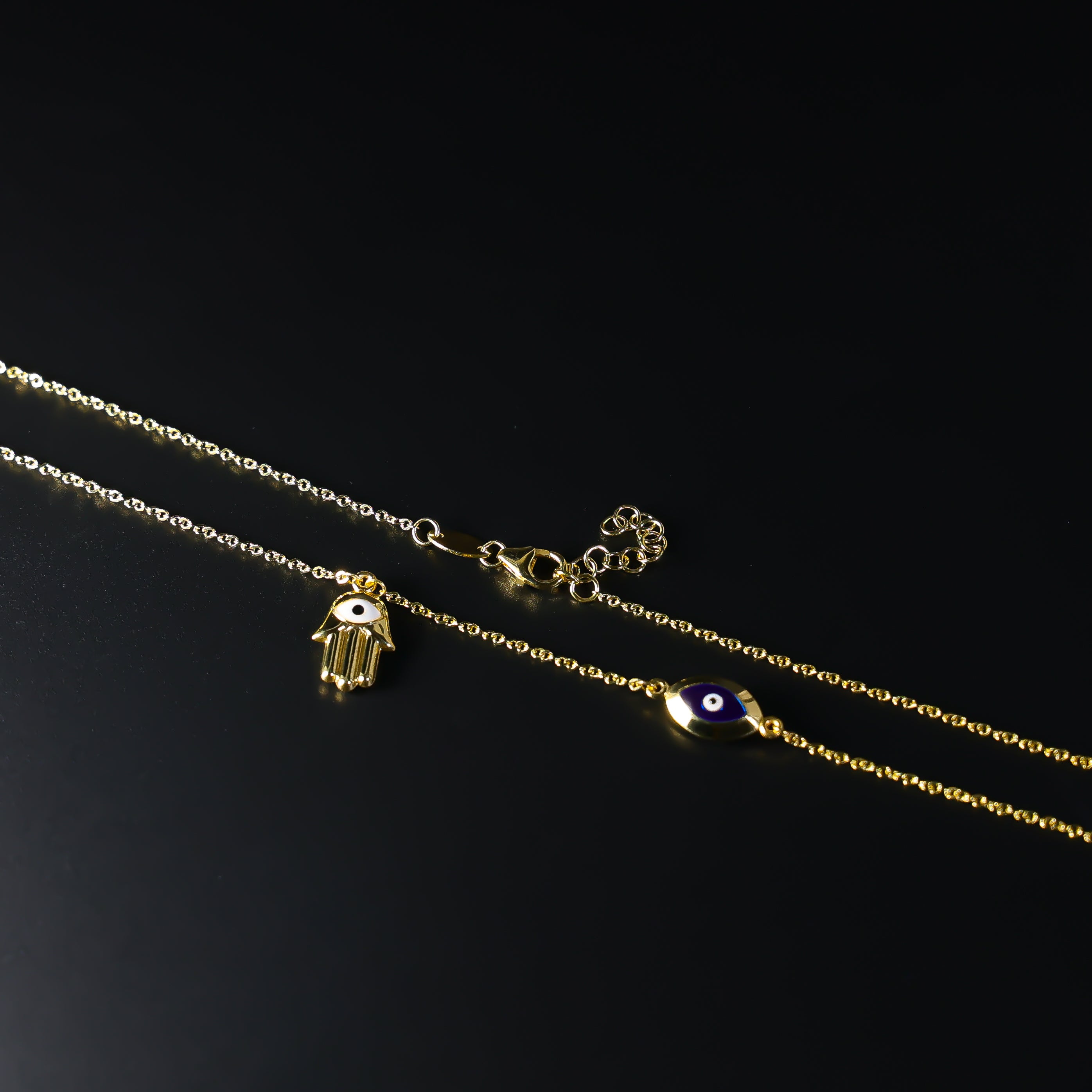 Gold Evil Eye Hamsa Charm Necklace Model-NK0153 - Charlie & Co. Jewelry