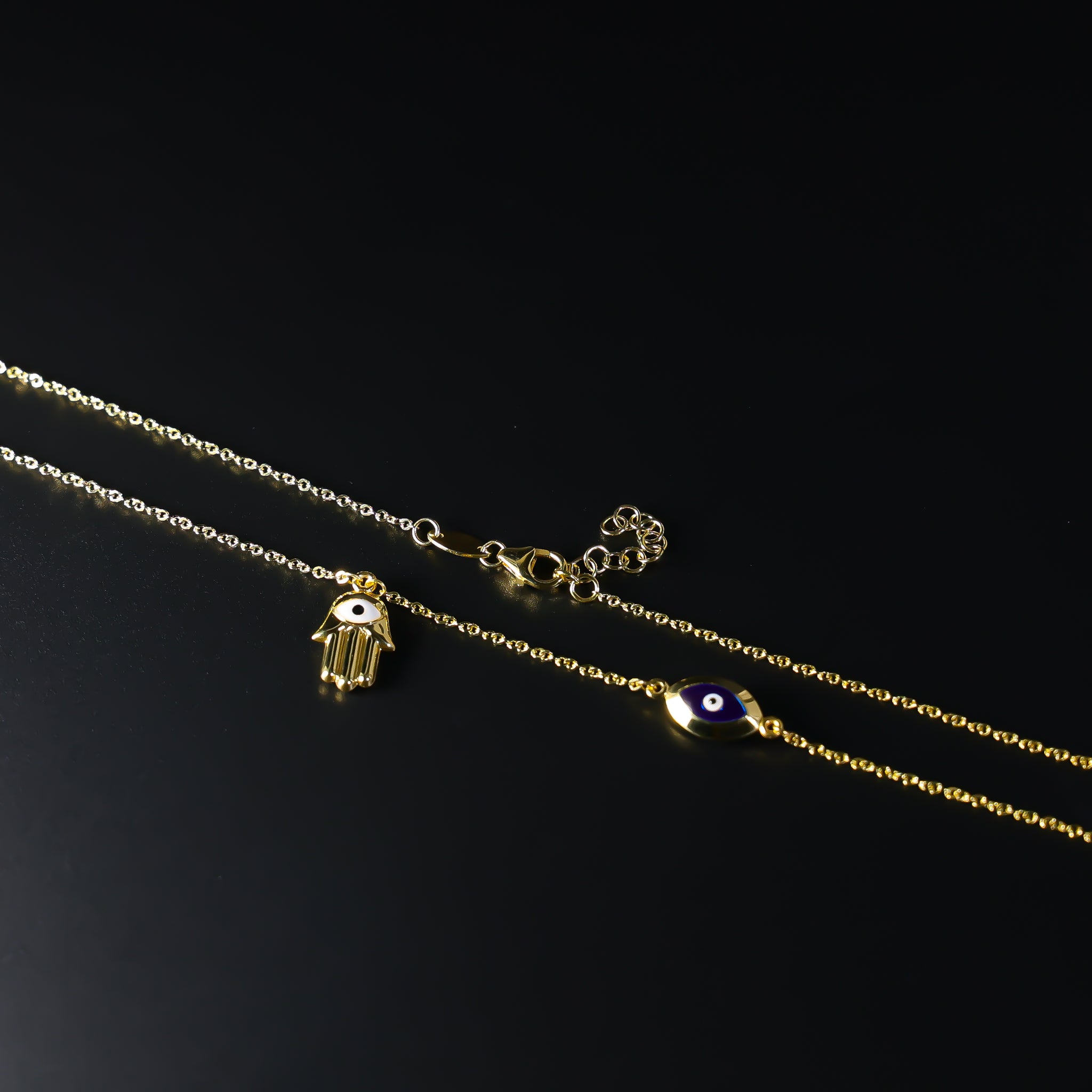 Gold Evil Eye Hamsa Charm Necklace Model-NK0153 - Charlie & Co. Jewelry