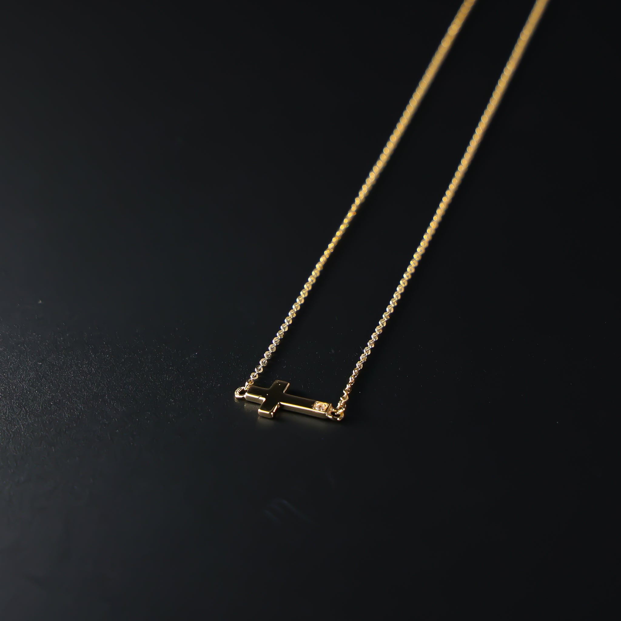 14K Dainty Gold Side Way Cross Necklace Model-NK0209 - Charlie & Co. Jewelry