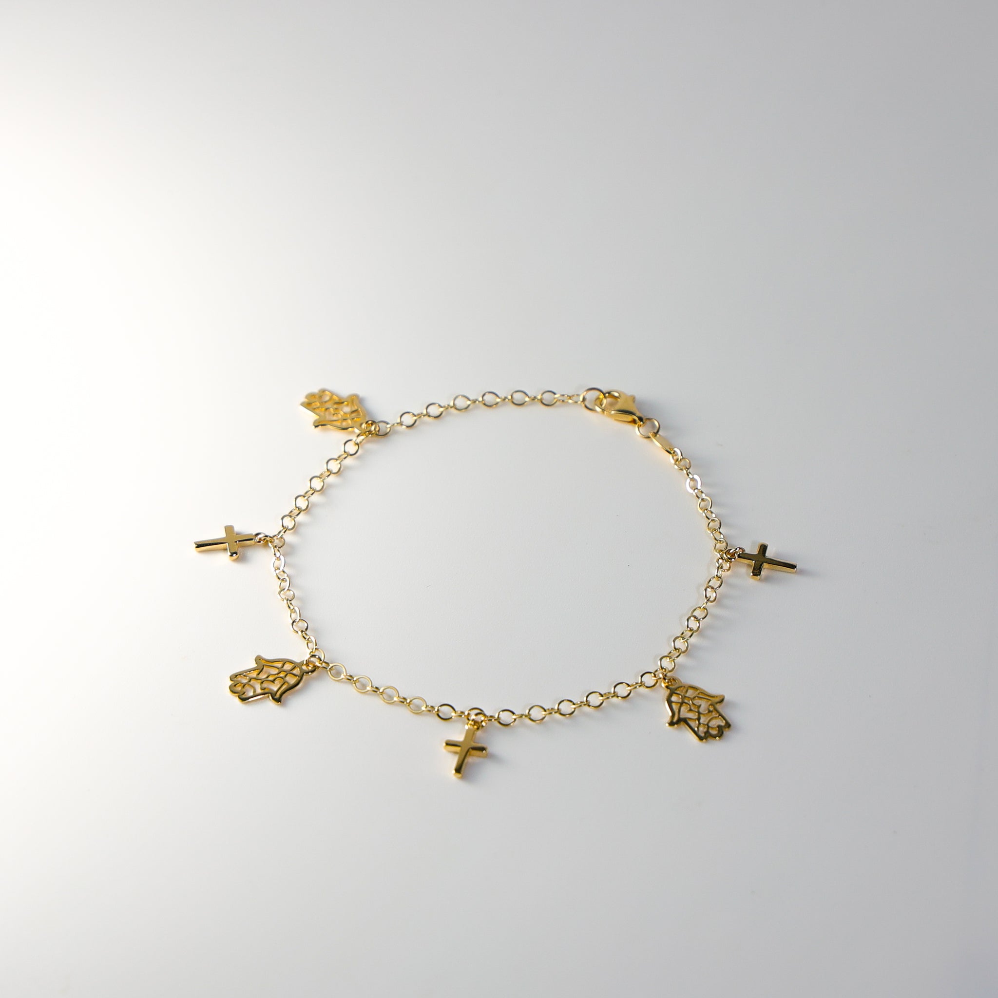 14K Gold Hamsa And Cross Bracelet Model-AB0774 - Charlie & Co. Jewelry