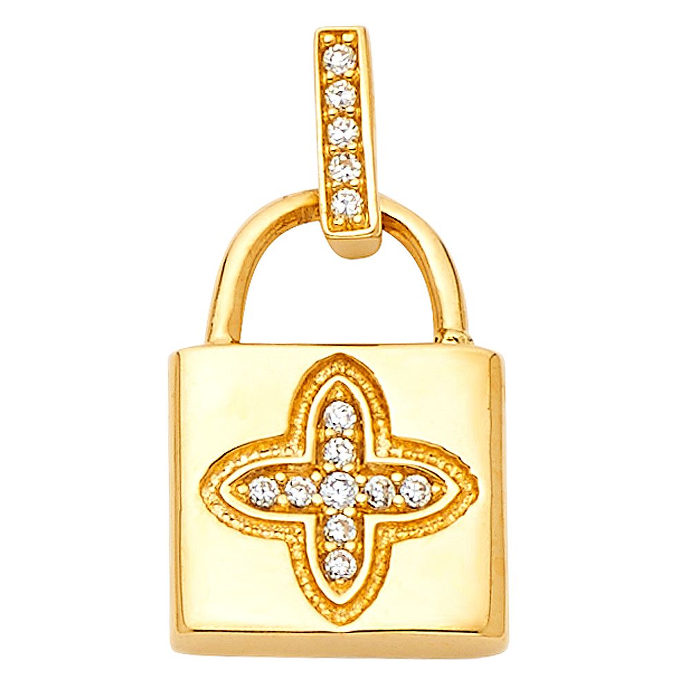 Gold Cubic Zirconia Lock Pendant Model-1733 - Charlie & Co. Jewelry