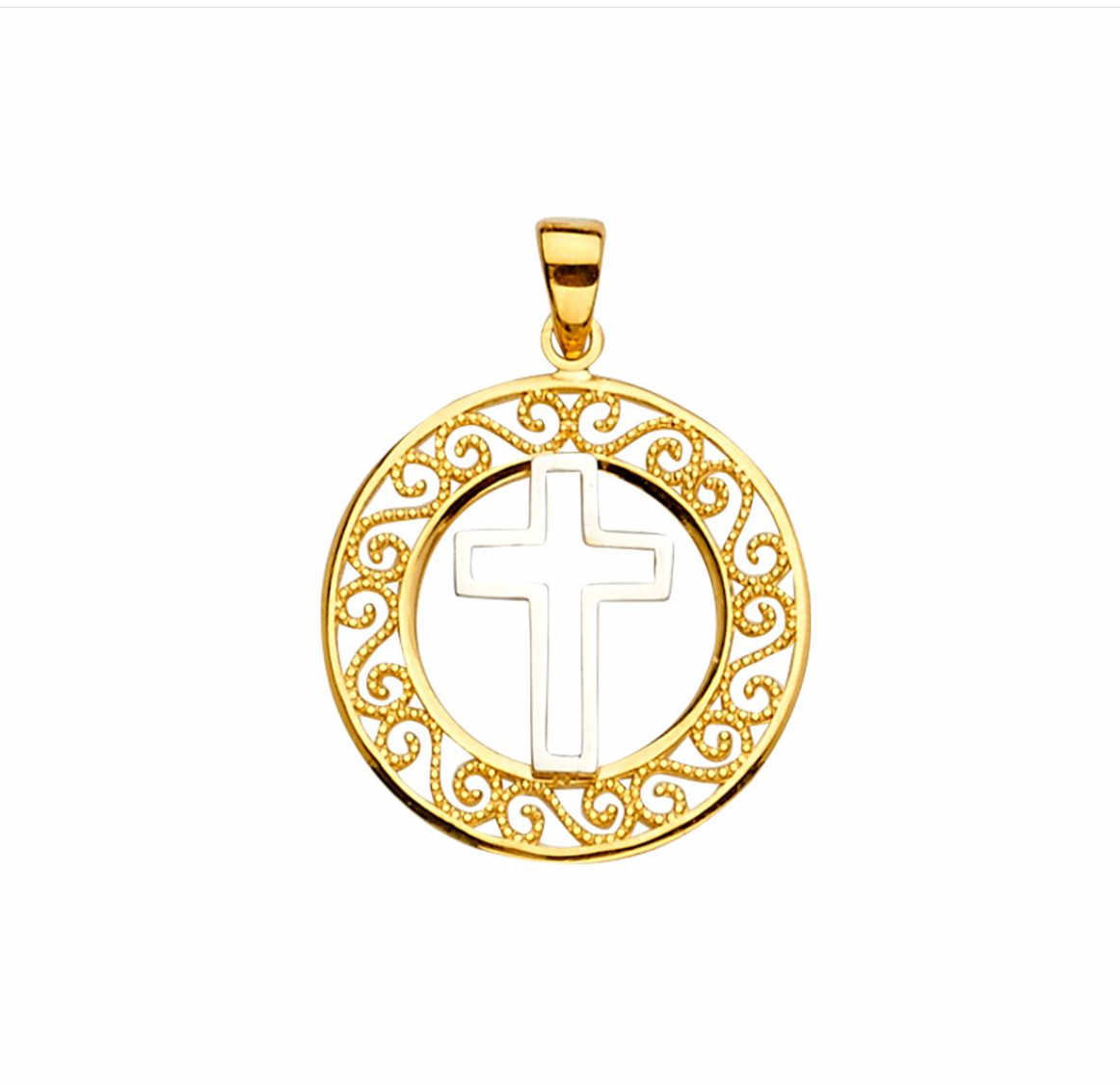 Gold 2 Tone Round Pendant with Cross Pendant Model-2230 - Charlie & Co. Jewelry
