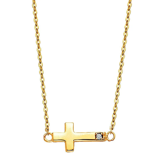 14K Dainty Gold Side Way Cross Necklace Model-NK0209 - Charlie & Co. Jewelry