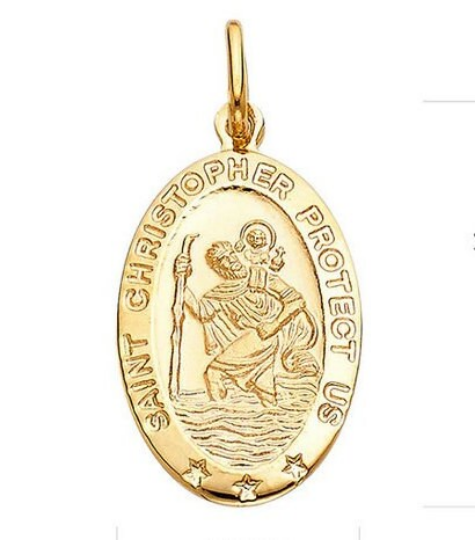 Gold St. Christopher Religious Oval Pendant Model-0269 - Charlie & Co. Jewelry