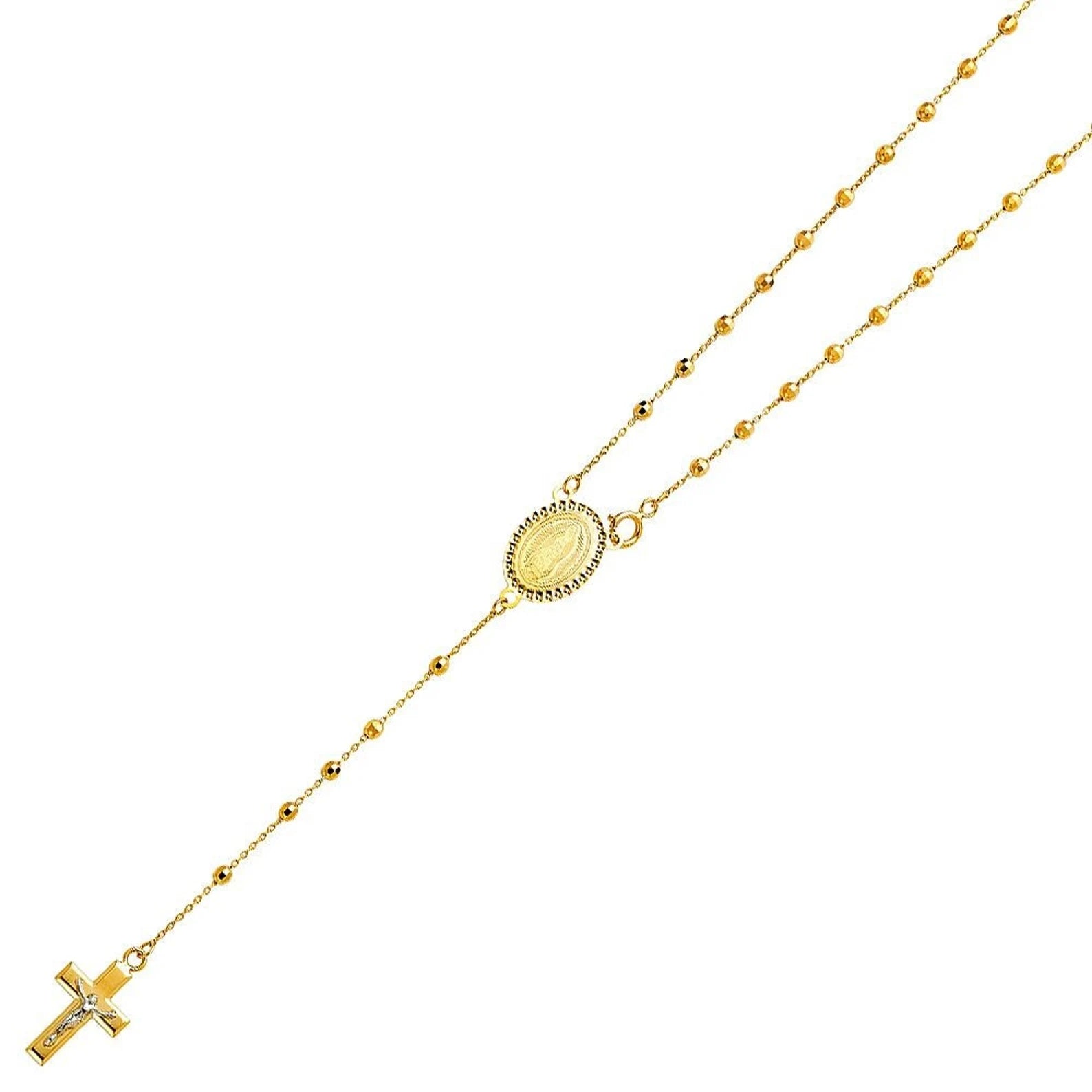 Gold 2.5MM Disco Ball Rosary Cross and Mother Mary Necklace Model-NK0236 - Charlie & Co. Jewelry